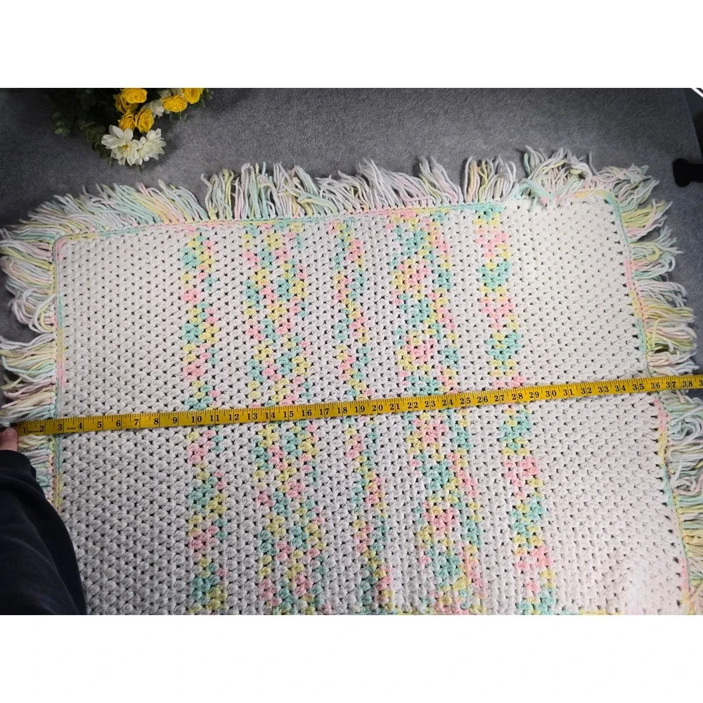 Vintage Handmade Crochet Pastel Rainbow Baby Blanket Fringe Tassel Trim 38x29